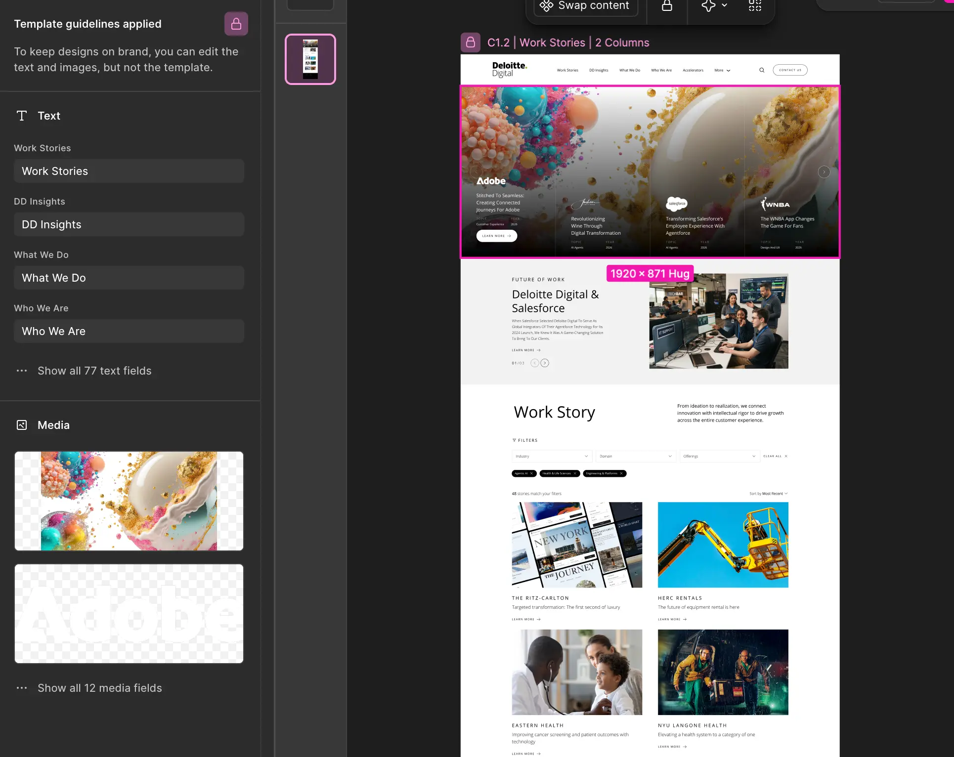 Figma template interface with controlled text and media fields applied to a branded page