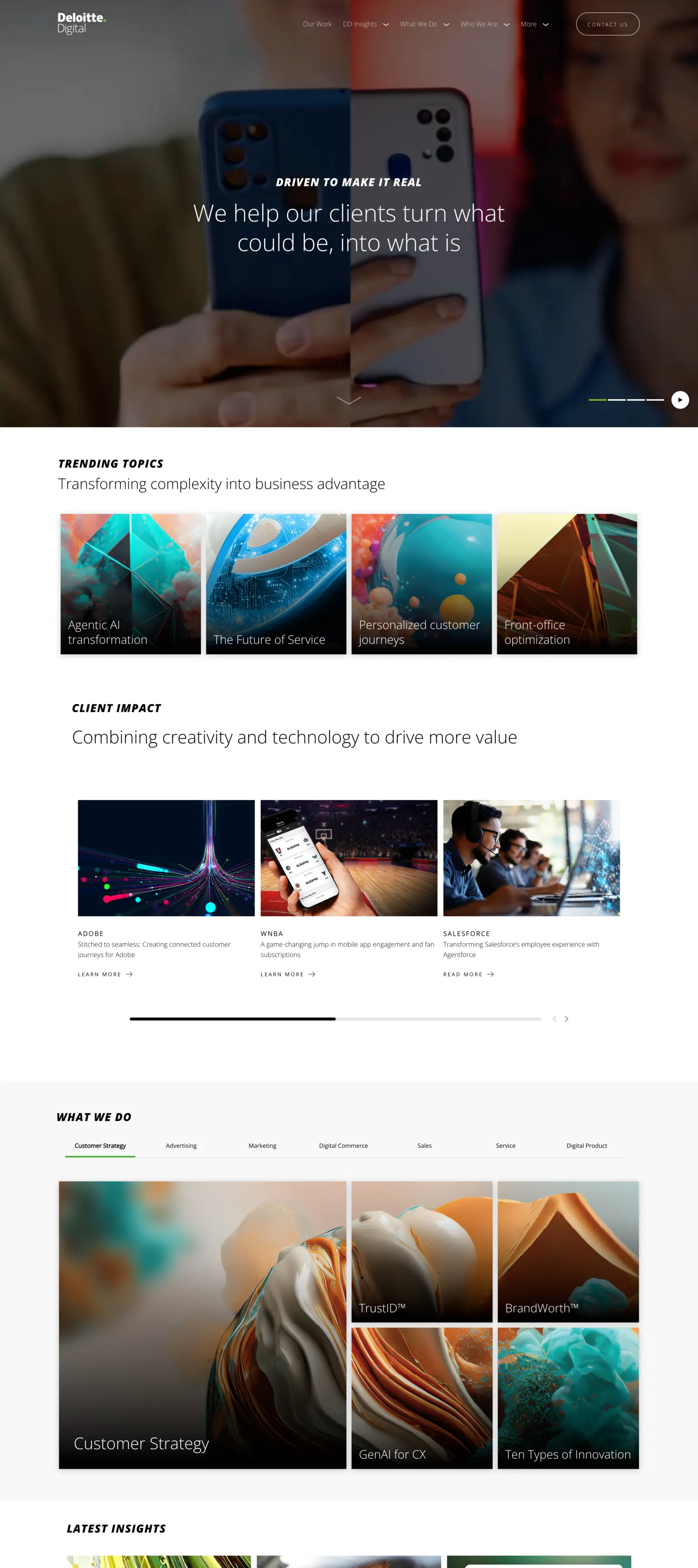 Redesigned Deloitte Digital homepage with clearer hero storytelling, priority topics, client impact and service content