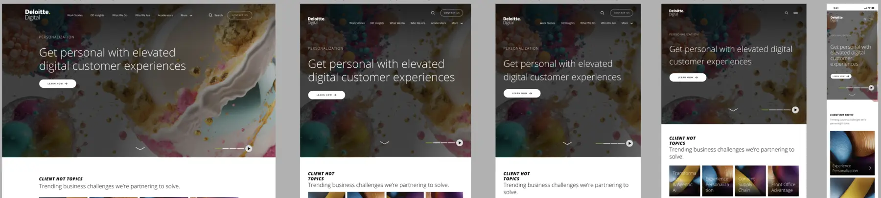 Responsive Deloitte Digital navigation and search behaviour specified across desktop, tablet and mobile breakpoints