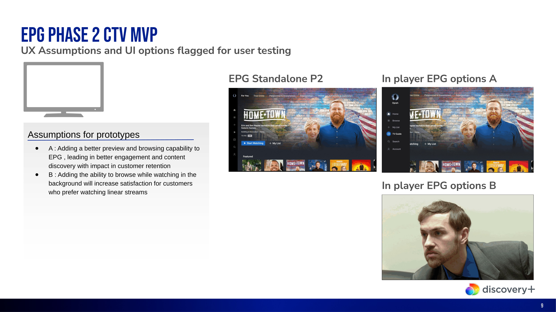 Connected TV EPG concept options showing standalone and in-player browsing approaches