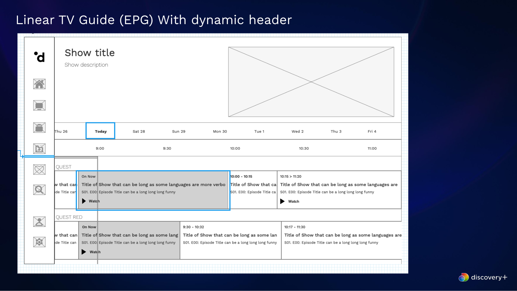 Connected TV EPG wireframe with channel navigation, schedule grid and dynamic programme header