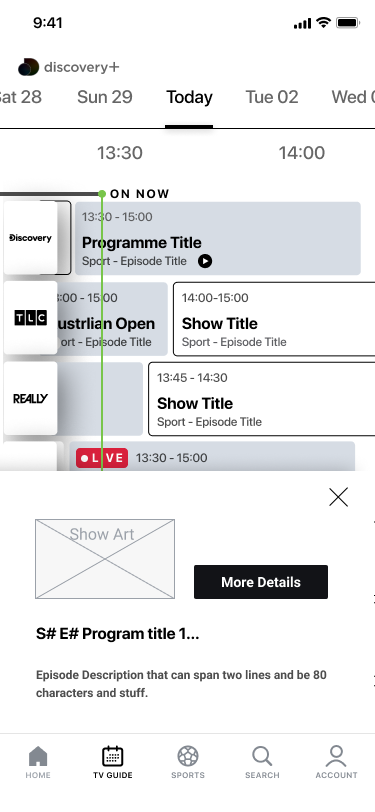 Mobile EPG wireframe with an expanded programme detail panel