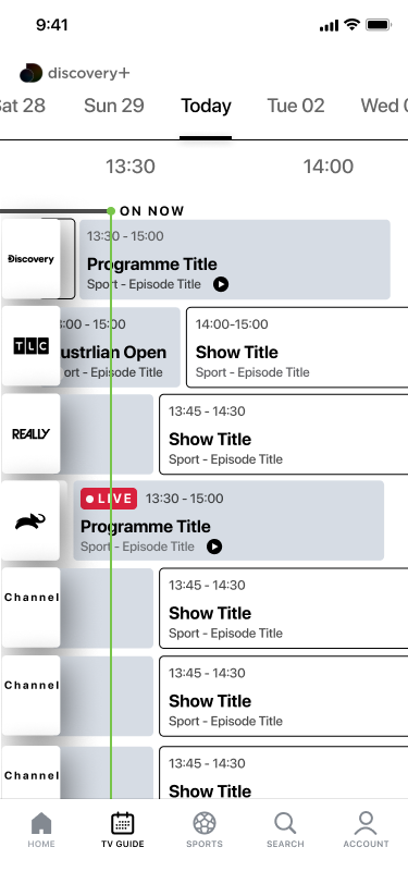 Mobile EPG wireframe showing channels, time slots and live programme states