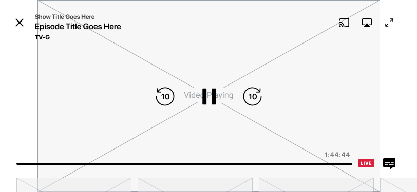 Landscape live-player wireframe with timeline, controls and related content