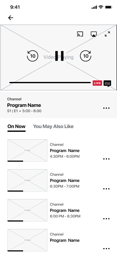 Mobile live-player wireframe with playback controls and related programmes
