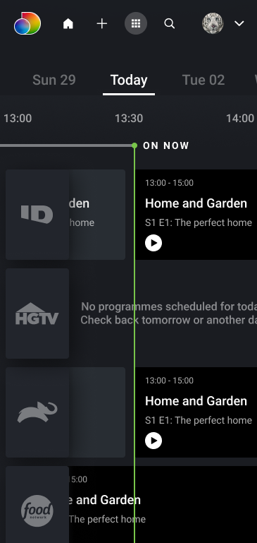 Responsive discovery+ mobile web EPG with channels and programme times
