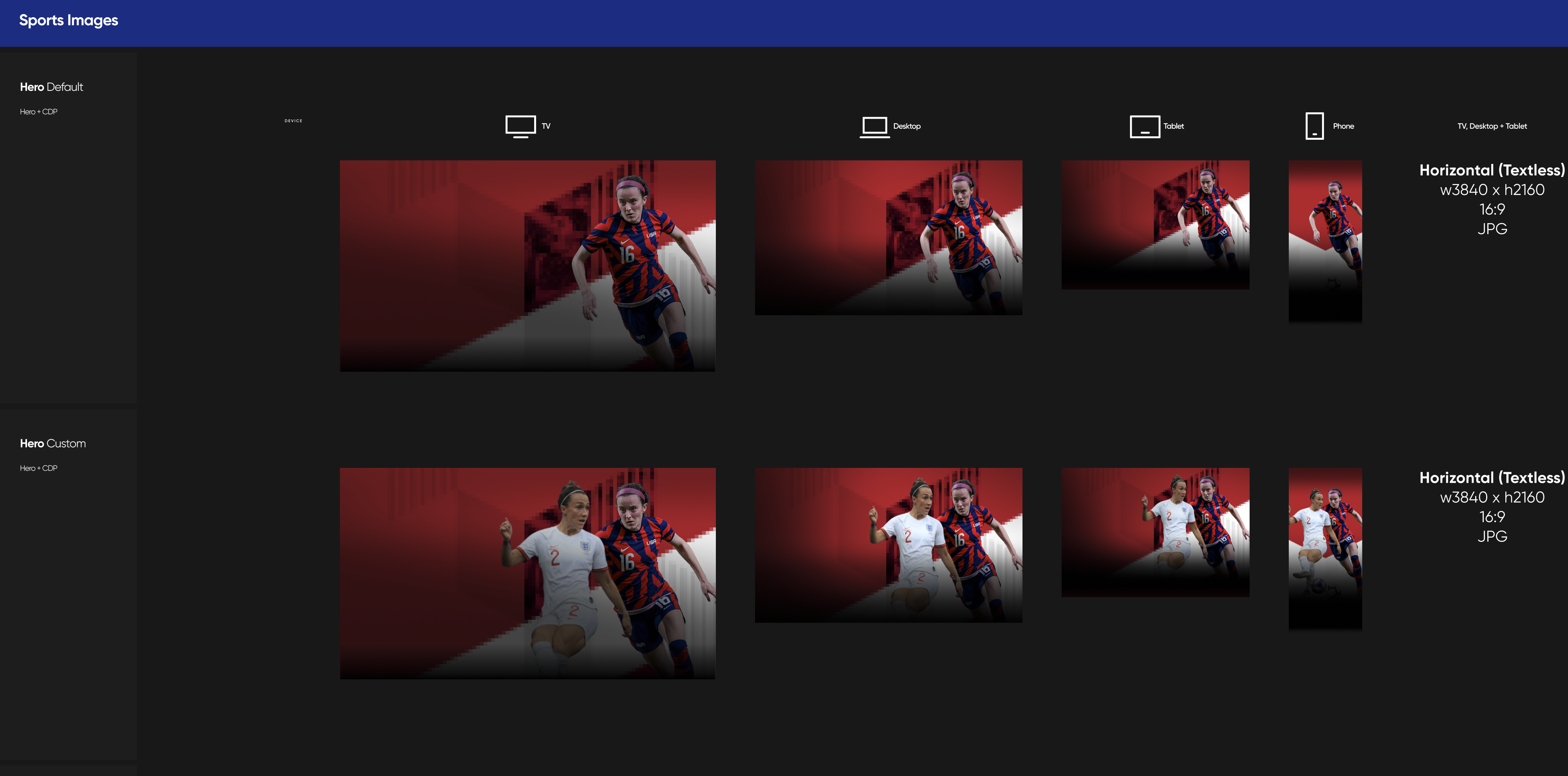Sports artwork specifications adapted across television, desktop, tablet and mobile layouts