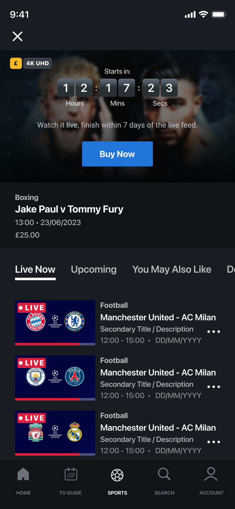 Mobile event page showing pay-per-view pricing and a Buy Now action