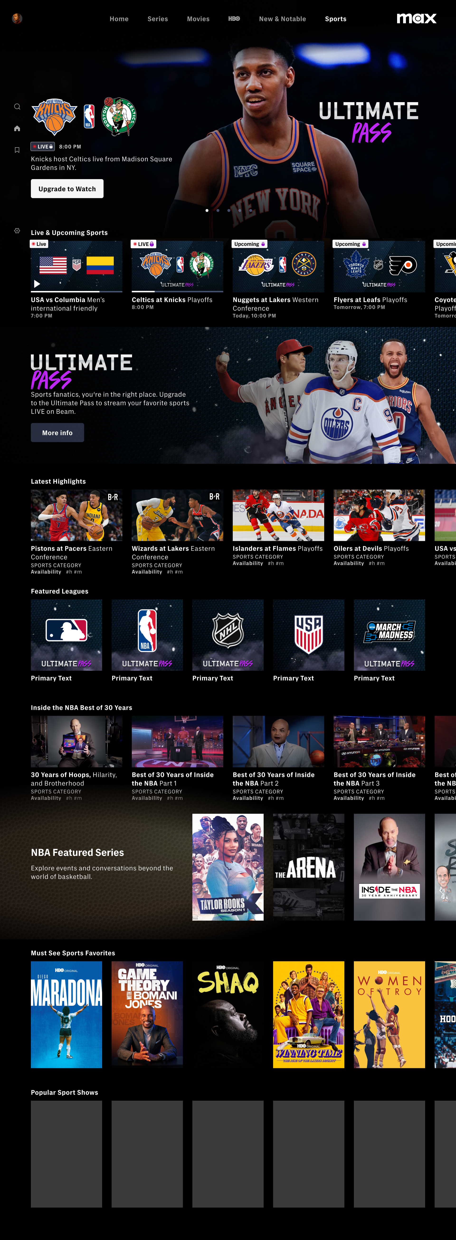 Max sports home integrating a live-event hero, Ultimate Pass, multiple sports and related programming
