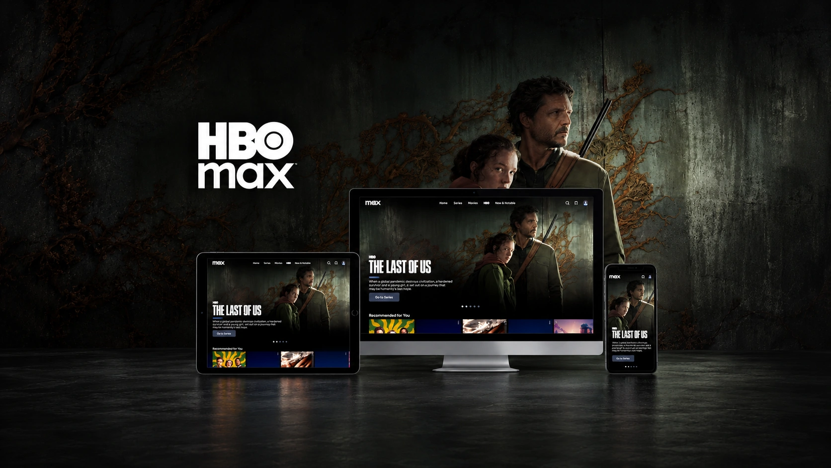 HBO Max streaming experience across desktop, tablet and mobile, with space around the logo and devices